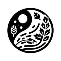 Abstract Yin Yang design, depicting natures balance with wheat, leaves, and celestial elements. vector