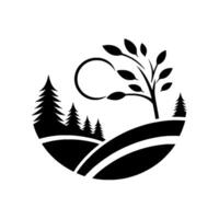 A minimalist black and white nature logo, showcasing a tree, hills, and fir trees in a circular composition, evoking a sense of tranquility and growth. vector