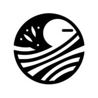 Abstract Black and White Illustration a stylised circular featuring a crescent moon with a horizontal bar, over textured waterlines, with stars and floral elements. vector