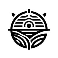 Abstract black and white circular emblem depicting a stylized landscape with a rising sun, horizontal lines, and stylized foliage elements. vector