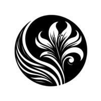 Monochrome Floral Elegance A stylized, symmetrical lily within a black circle, featuring flowing lines and detailed petals, evoking a sense of purity and sophistication. vector