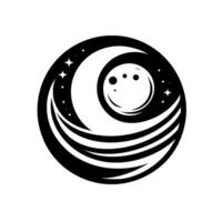 A stylized black and white celestial featuring a crescent moon, stars, and a full moon, enclosed within a circular frame of flowing lines. vector