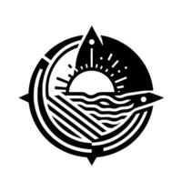 Monochromatic Emblem Sun setting over stylized waves and mountain, integrated with compass rose elements. vector