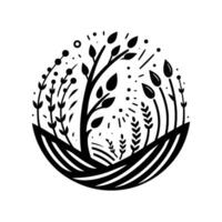 Elegant Minimalist Black and White Illustration of a Thriving Botanical Ecosystem Contained Within a Circular Frame, Evoking Growth and Harmony. vector