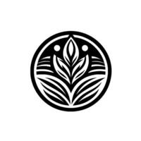 Elegant black and white featuring stylized leaves in a circular frame with two small circles and a shadow, minimalist and modern. vector