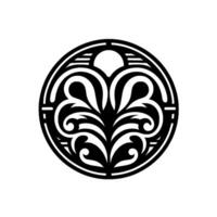 A symmetrical black and white decorative circular design, featuring stylized floral elements, a central heartlike shape, and sunlike top, set against a white background. vector