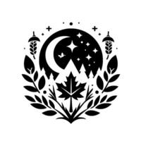 A serene black and white illustration featuring a crescent moon, stars, and a butterfly centered within a forest scene, framed by leaves, maple leaves, and seed pods. vector