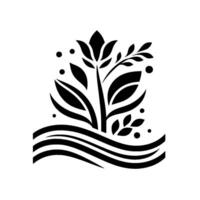 Minimalist Black and White Floral Illustration A stylized flower with leaves and dots rising from a wavy base, creating a modern design. vector