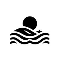 Simplified black and white depicting a sun rising over stylized waves, a minimalist and tranquil composition evoking a sense of serenity. vector