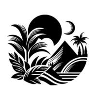 Stylized Black White Landscape Mountains, Palms, Moon Sun, Enclosed within a Circle with Detailed Foliage. vector