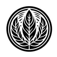 Monochromatic Circular Emblem featuring stylized Leaf elements, within a layered border, embodying harmony. vector