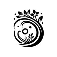 An elegant minimalist black and white botanical emblem with stylized leaves, petals, and circular elements, creating a balanced, symmetrical design. vector