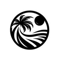 A minimalist black and white featuring a palm tree, sun, and waves within a circular frame, evoking a tropical paradise. vector