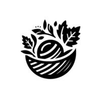 A minimalist black and white illustration featuring a bowl with a stylized sphere, surrounded by leaves and botanical elements. vector