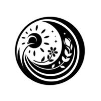 Intricate black and white circular design, featuring a sun, moon, stars, and floral elements, embodying balance, and harmony. vector