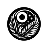 Celestial Emblem Black White Circular Illustration featuring an Eyelike Symbol, Starry Sky and Feathered Wings Motif, on White Background. vector
