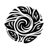 A monochromatic, circular composed of swirling spiral elements, organic leaf forms, and stylized droplet accents, creating a harmonious, balanced illustration. vector