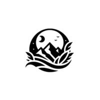Black and white circular emblem depicting a mountainous landscape under a crescent moon, with birds and foliage elements, evoking nature and serenity. vector