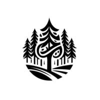 Stylized Black and White Forest Landscape in an Oval Composition, Featuring Pines and a Central Abstract Tree vector