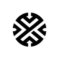 A symmetrical minimalist featuring a black abstract geometric shape within a circle, created with arrows and sharp angles, against a stark white background. vector