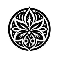 A symmetrical, intricate black and white floral mandala design, centered and enclosed within a circle, exuding a sense of balance and artistic elegance. vector