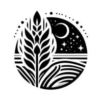 A stylized black and white illustration depicting a wheat stalk juxtaposed with a night sky and a wheat field inside a circular frame. vector