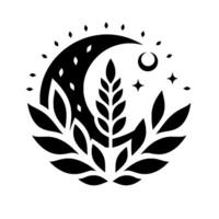 A stylized monochrome emblem featuring a crescent moon adorned with diamond accents, cradling wheat and encircled by leaves, stars, and a smaller crescent. vector