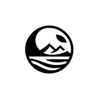 A stylized, minimalist emblem featuring mountains, a stylized sunmoon, and water within a circular frame, rendered in contrasting black and white. vector