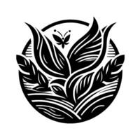 Monochromatic floral featuring stylized leaves, a butterfly, and organic flowing lines within a circular frame, symbolizing growth and nature. vector