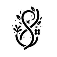 Elegant Black and White Floral Composition An intertwined shape with stylized leaves, flowers, and dots against a pristine white backdrop. vector