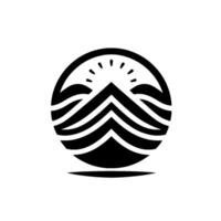 Monochromatic Minimalist Featuring Mountain Peaks, Sunrise, and Serene Water Waves Contained in a Circle. vector