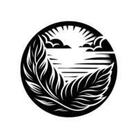 A monochrome artwork within a circle depicts a serene landscape with stylized sun, clouds, and water, and framing it with large, graceful leaves. vector