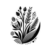 Bold Black and White Floral Arrangement A stylized depiction of varied plant life, including leaves, buds, and berries, against a clean white background, creating a striking and modern graphic. vector