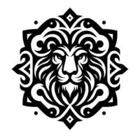 A Majestic Black and White MandalaInspired Lion Head Intricate Tribal with Bold Lines, Creating a Regal and Artistic Composition. vector