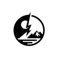 Black and white stylized illustration of a mountain landscape contained within a yinyang symbol, featuring a lightning bolt, moon, and water. vector