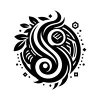 A symmetrical black and white featuring swirling lines, stylized leaves, geometric shapes, and a central E within a circle, on a stark white background. vector