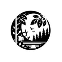 Silhouette of a natural scene, encapsulated within a circle, featuring an apple tree, forest, lake, birds, and leaves, crafted in a minimalist style. vector