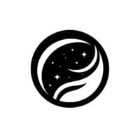 A stylized, minimalist of a celestial scene within a circle, featuring a starry night sky crescent moon and a white, curved form. vector