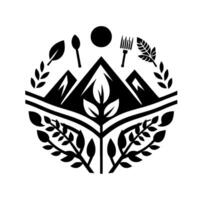 Circular black and white depicting mountains, leaves, sun, and tools symbolizing nature, nourishment, and creativity, arranged symmetrically. vector