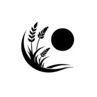 A minimalist black and white depicting wheat stalks and grasses with a large circular shape, potentially a sun or moon, in a balanced, stylized composition. vector