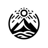 A stylized, minimalist black and white circular emblem featuring a mountain range, shining sun, and undulating waves, symbolizing natures harmony. vector