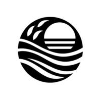 A stylized, minimalist black and white featuring a circular composition, presenting a sunrise over wavy waters with delicate, leaflike elements. vector