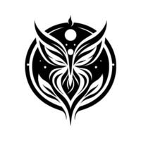 A symmetrical black and white tribal art depicting a stylized owllike creature within a circle, featuring wing and leaf motifs, and a small flame above. vector