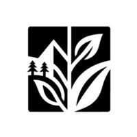 Abstract Black and White Depicting Nature, Combining Mountain, Trees, and Botanical Elements Within a Square Frame. vector