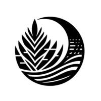 A striking monochrome emblem featuring a stylized fern within a circular frame, juxtaposed with a crescent moon and layered wave pattern. vector