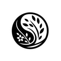 Yin Yang Floral Emblem A balanced black and white featuring a flower and wheatlike stalks within a circular frame, symbolizing harmony. vector