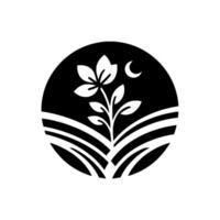 Minimalist black and white of a blossoming flower, crescent moon, and grasslike lines, enclosed within a circular frame. vector