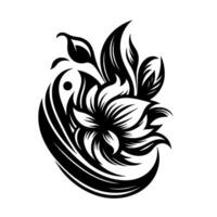 Intricate Black and White Floral with a stylized flower, buds and leaves, arranged in a symmetrical, flowing composition. vector