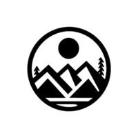 A minimalist black and white circular depicting a mountain range, sun, and trees, evoking nature and adventure. vector