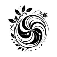 Intricate Black and White Floral Swirl Design A symmetrical composition featuring a spiraling central element, accented by stylized leaves, dots, and a delicate flower, all set against a pristine whi vector